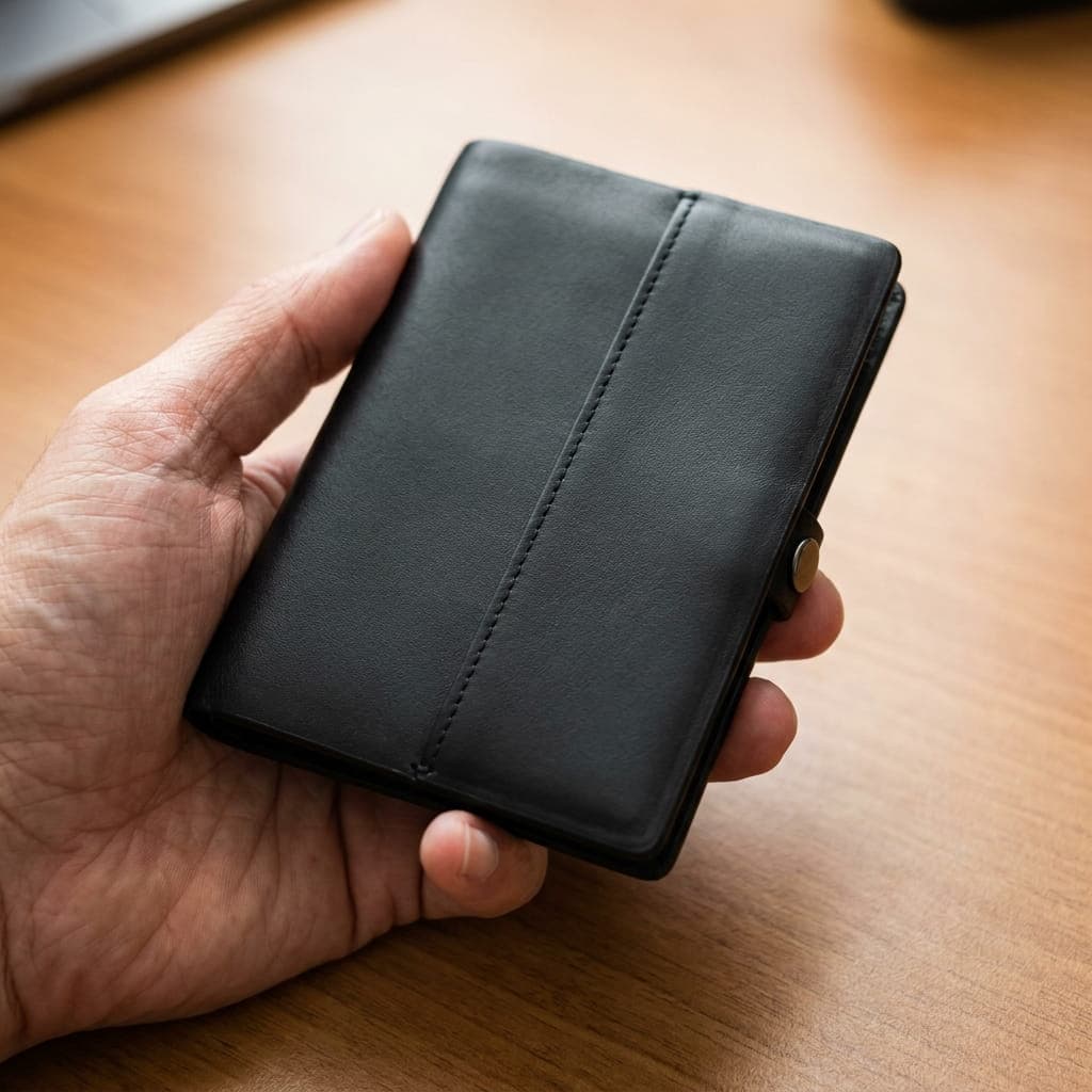 Black bifold leather wallet held in hand
